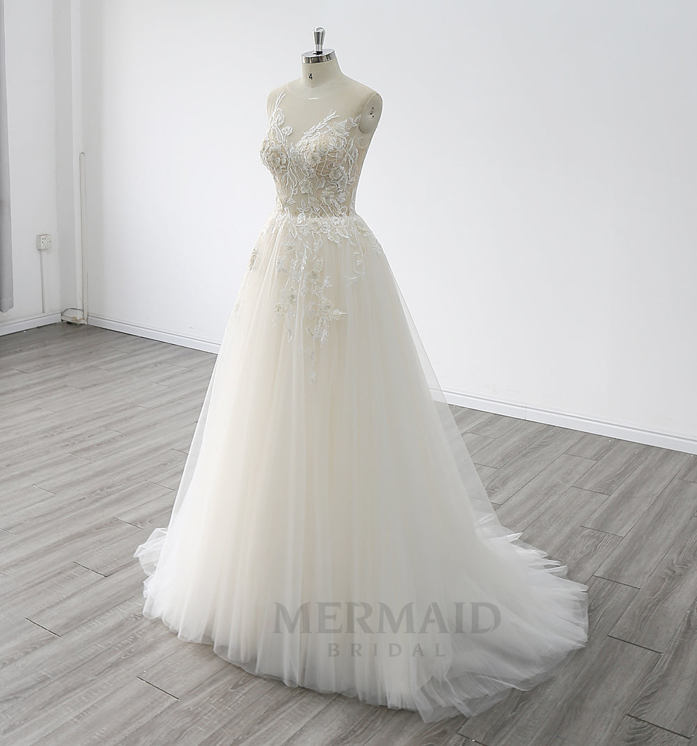 New Scoop Neck Sweep Train Pleated Tulle A Line Wedding Dress