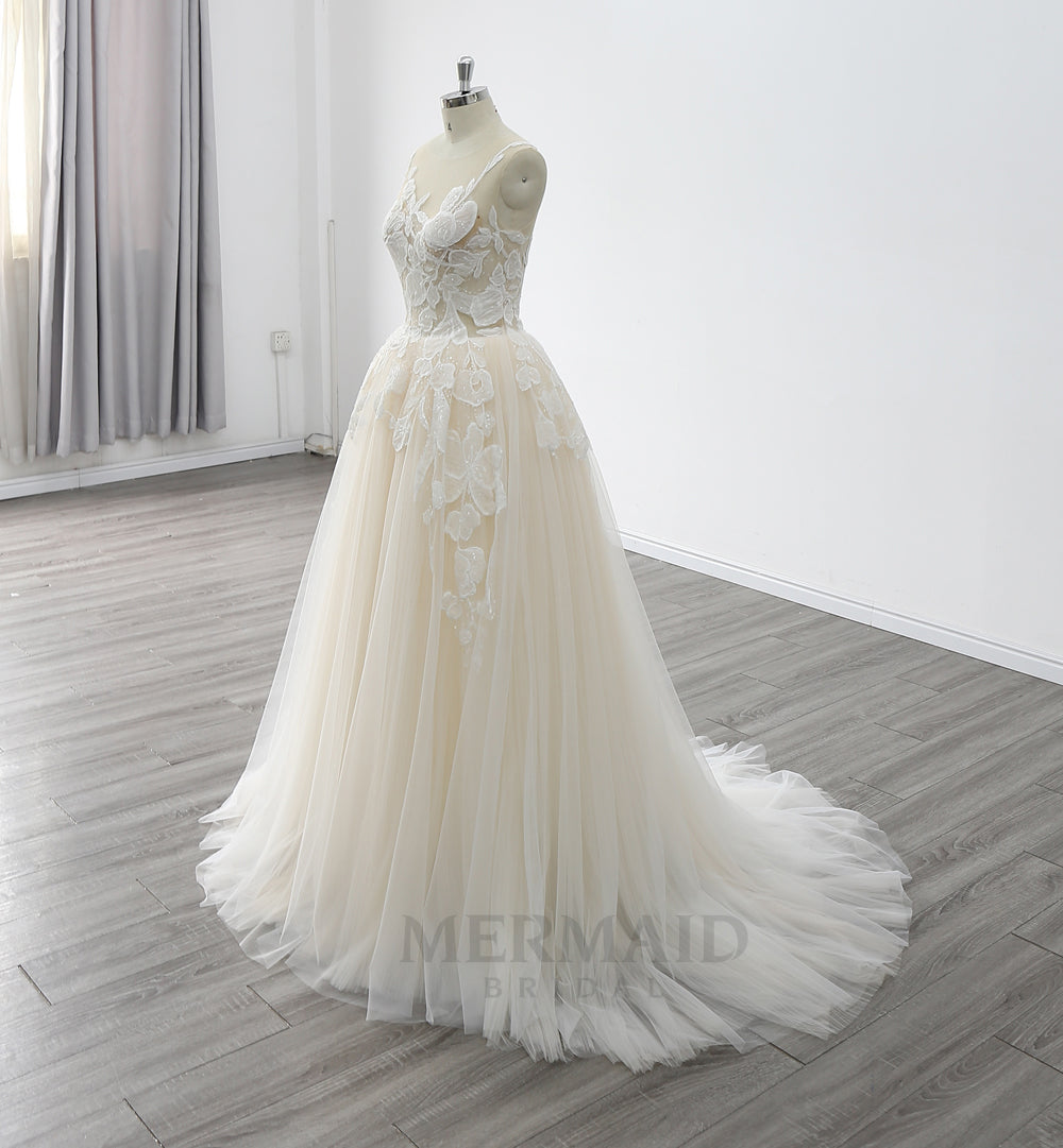 Illusion Scoop Neck Sweep Train Pleated Tulle A Line Wedding Dress