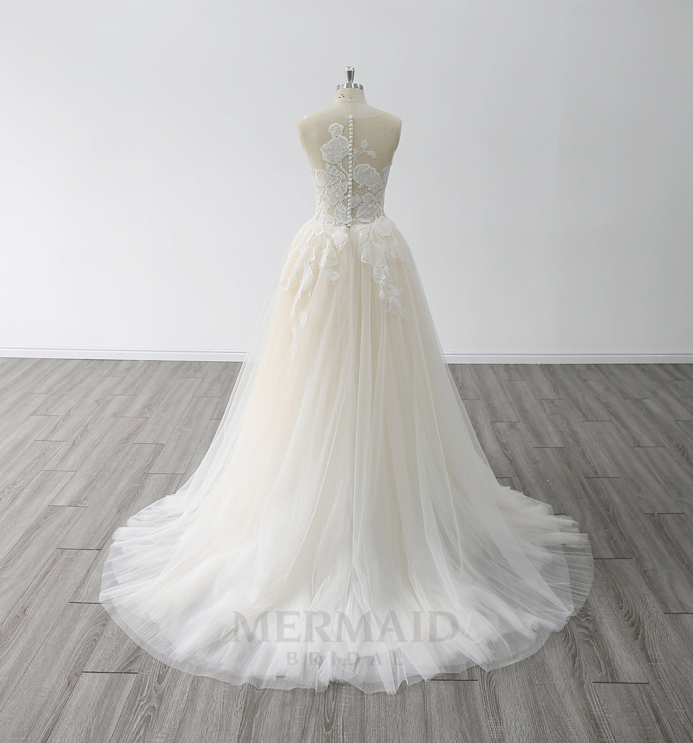 Illusion Scoop Neck Sweep Train Pleated Tulle A Line Wedding Dress