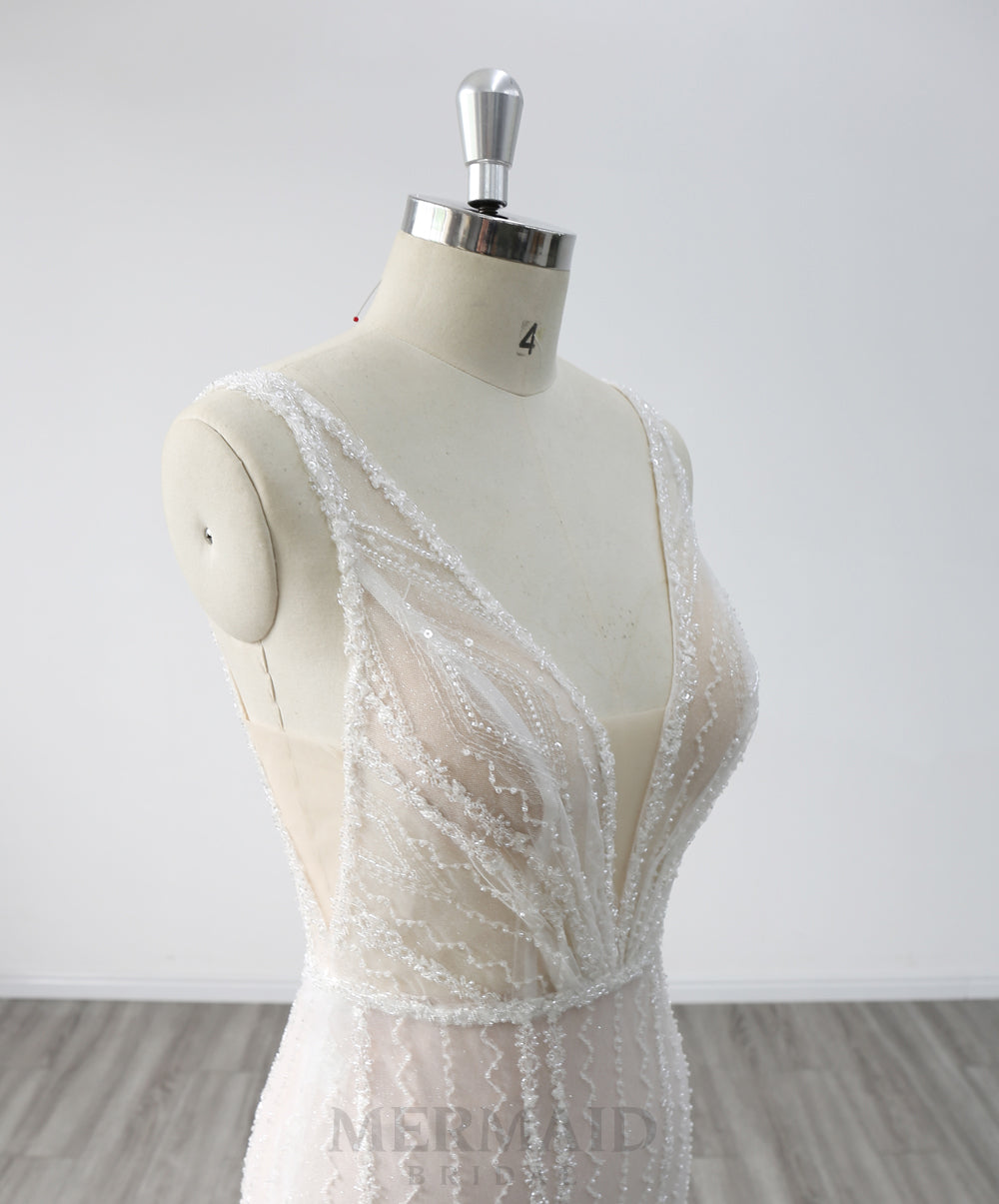 Sexy Backless V-Neck Court Train Heavy Beaded Mermaid Wedding Dress 2024