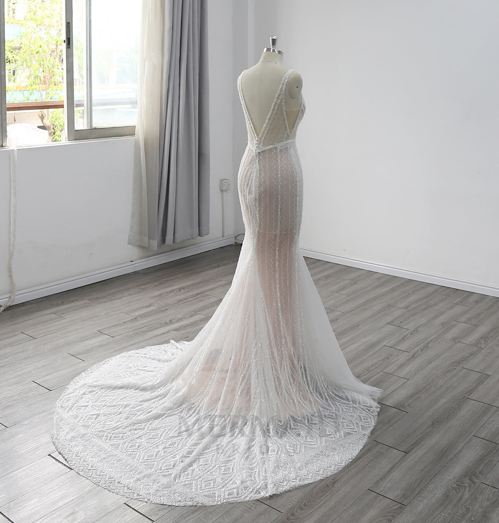 Sexy Backless V-Neck Court Train Heavy Beaded Mermaid Wedding Dress 2024