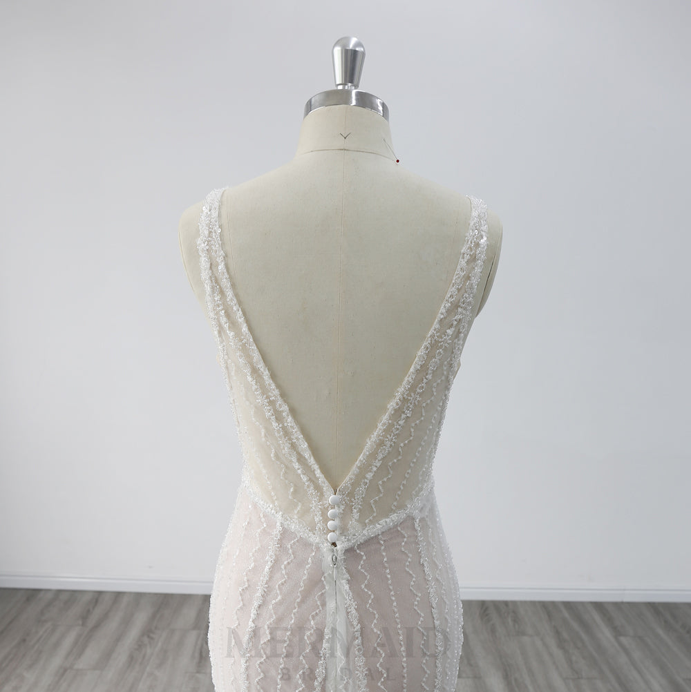 Sexy Backless V-Neck Court Train Heavy Beaded Mermaid Wedding Dress 2024