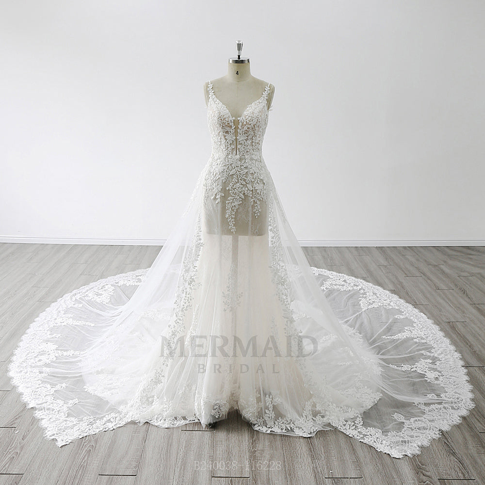 2 in 1 Spaghetti Straps V Neck Chapel Train Beaded Mermaid Wedding Dress