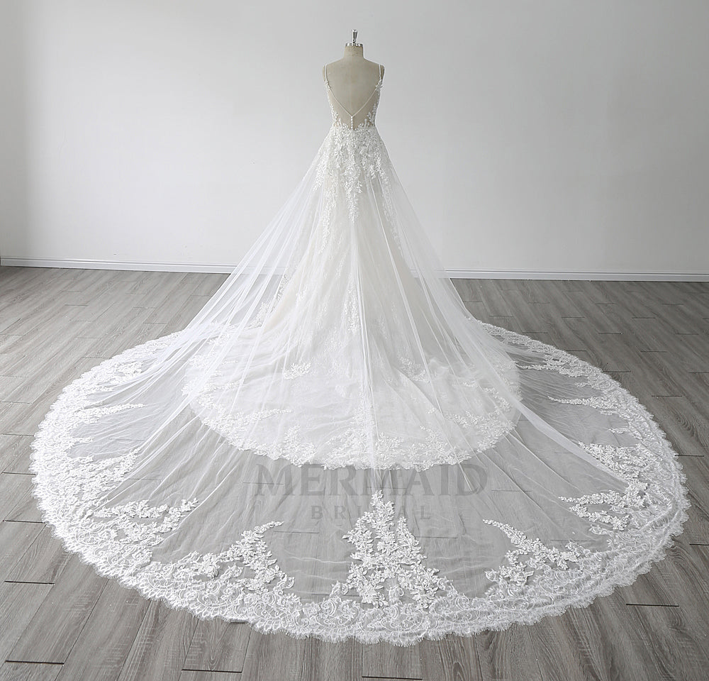 2 in 1 Spaghetti Straps V Neck Chapel Train Beaded Mermaid Wedding Dress