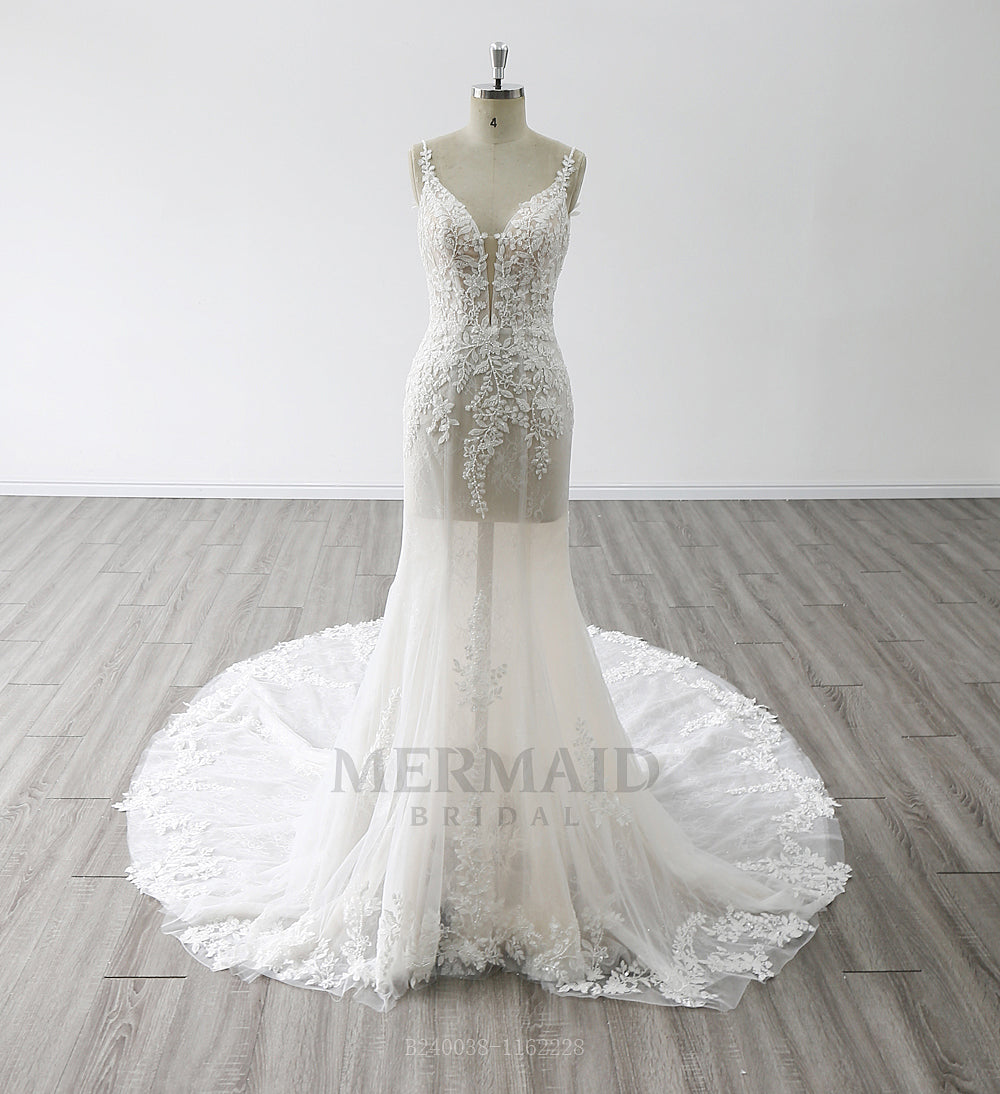 2 in 1 Spaghetti Straps V Neck Chapel Train Beaded Mermaid Wedding Dress