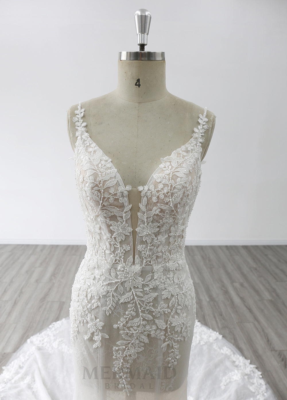 2 in 1 Spaghetti Straps V Neck Chapel Train Beaded Mermaid Wedding Dress