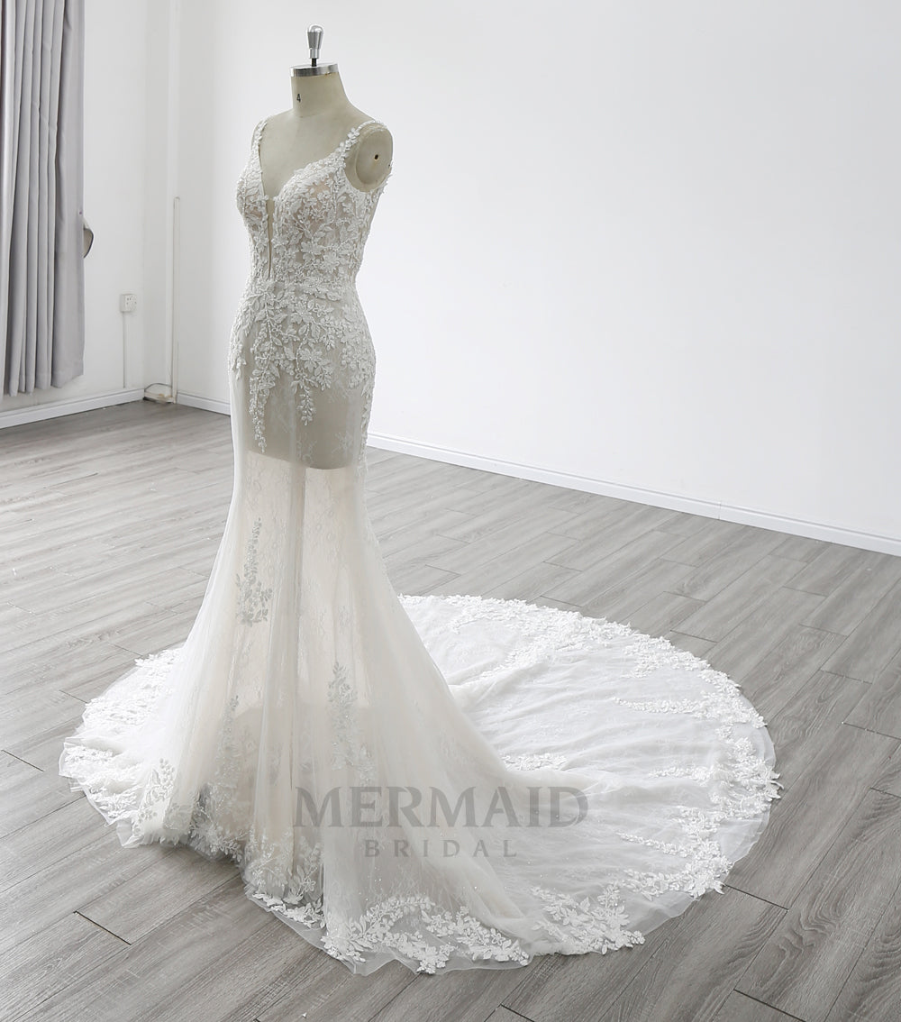 2 in 1 Spaghetti Straps V Neck Chapel Train Beaded Mermaid Wedding Dress