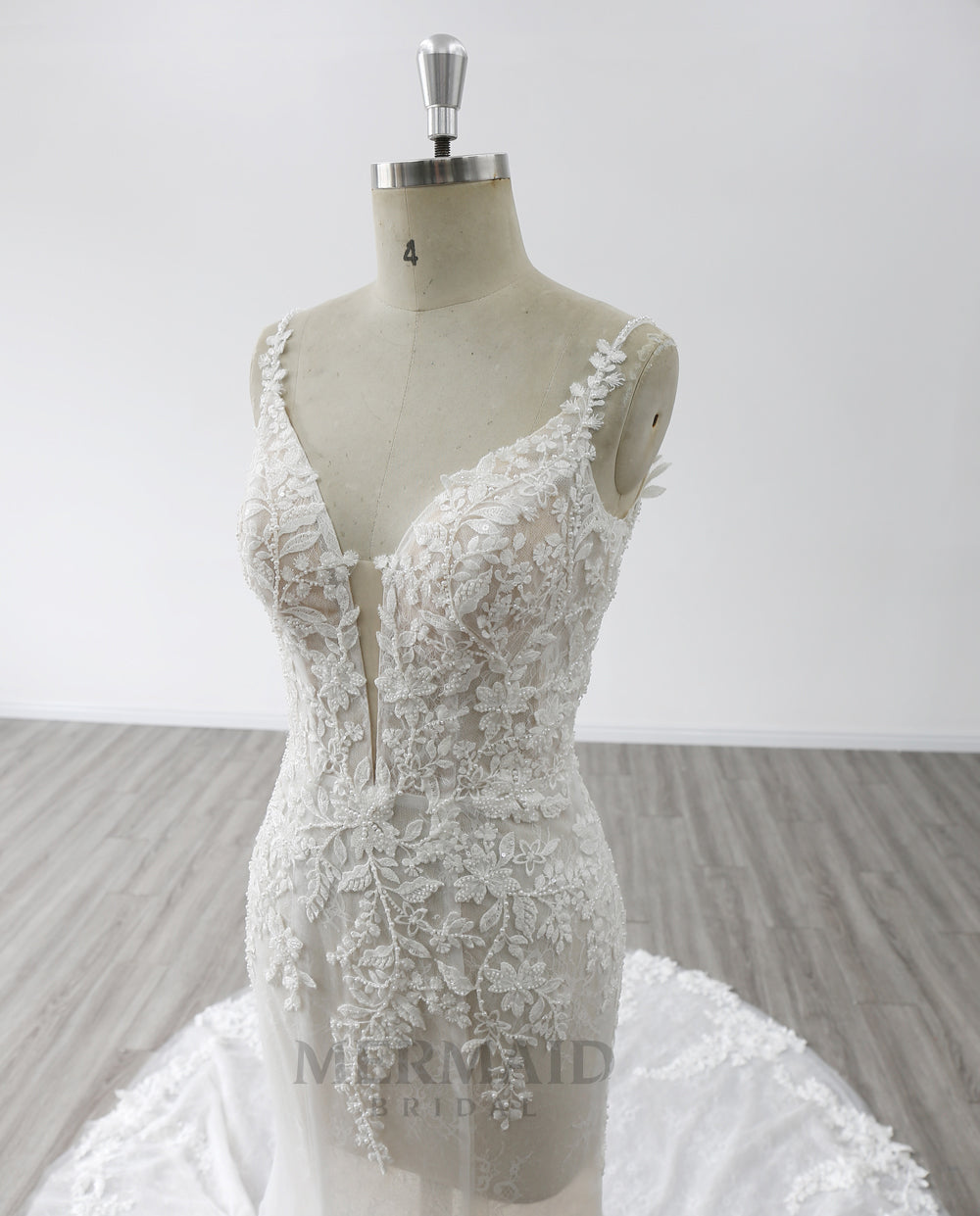 2 in 1 Spaghetti Straps V Neck Chapel Train Beaded Mermaid Wedding Dress