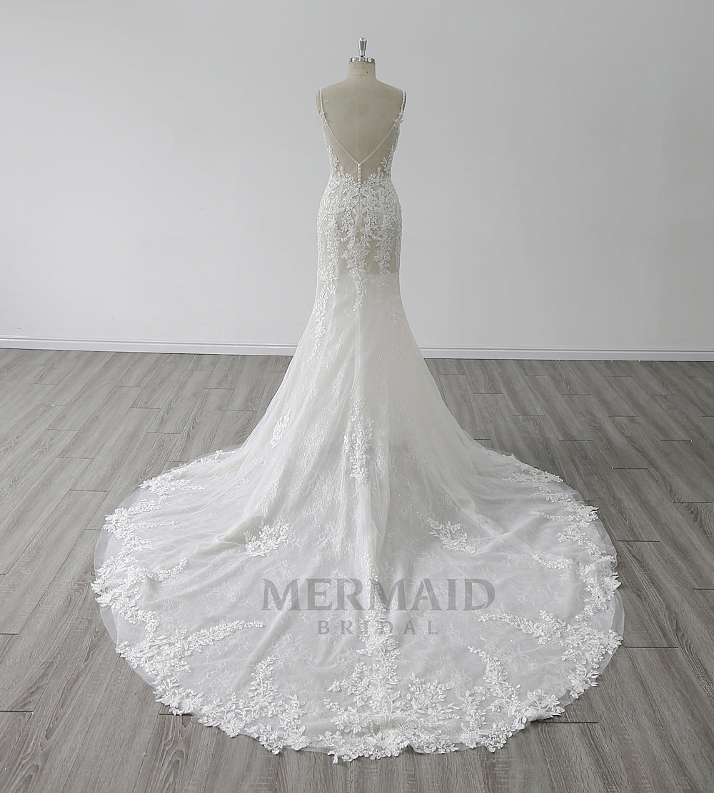 2 in 1 Spaghetti Straps V Neck Chapel Train Beaded Mermaid Wedding Dress