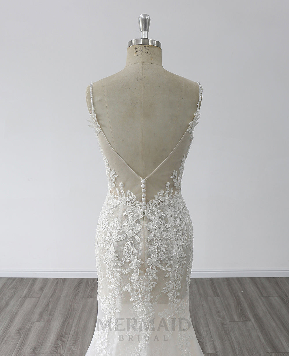 2 in 1 Spaghetti Straps V Neck Chapel Train Beaded Mermaid Wedding Dress