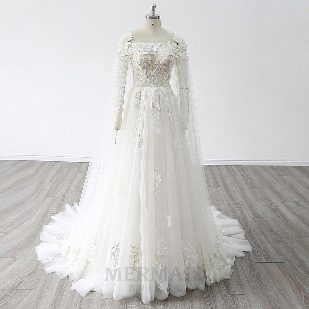 New Sweetheart Court Train 3D Flowers Lace A Line Wedding Dress 2024 with Detachable Cape As The Picture / 26W New Sweetheart Court Train 3D Flowers Lace A Line Wedding Dress 2024 with Detachable Cape As The Picture / 26W