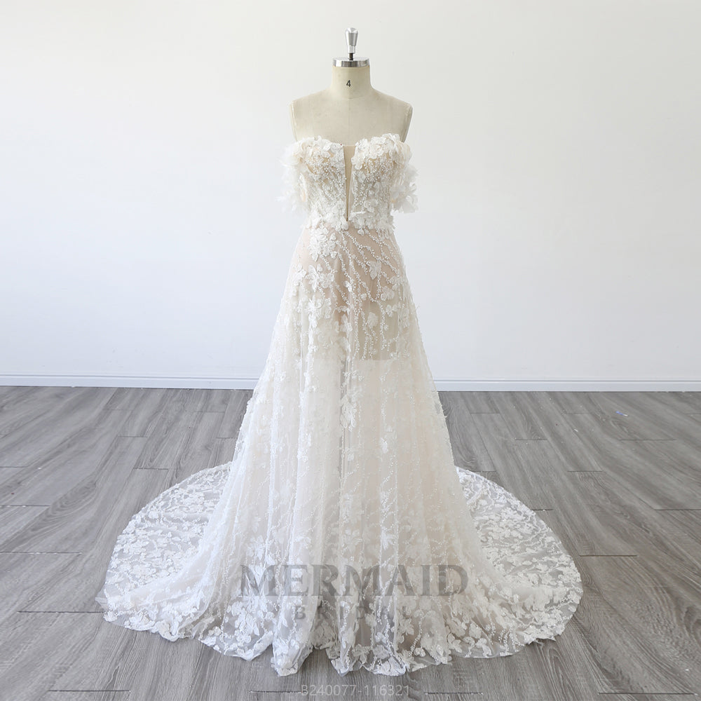 New Off Shoulder V Neck Court Train A Line Heavy Beaded Lace Wedding Dress