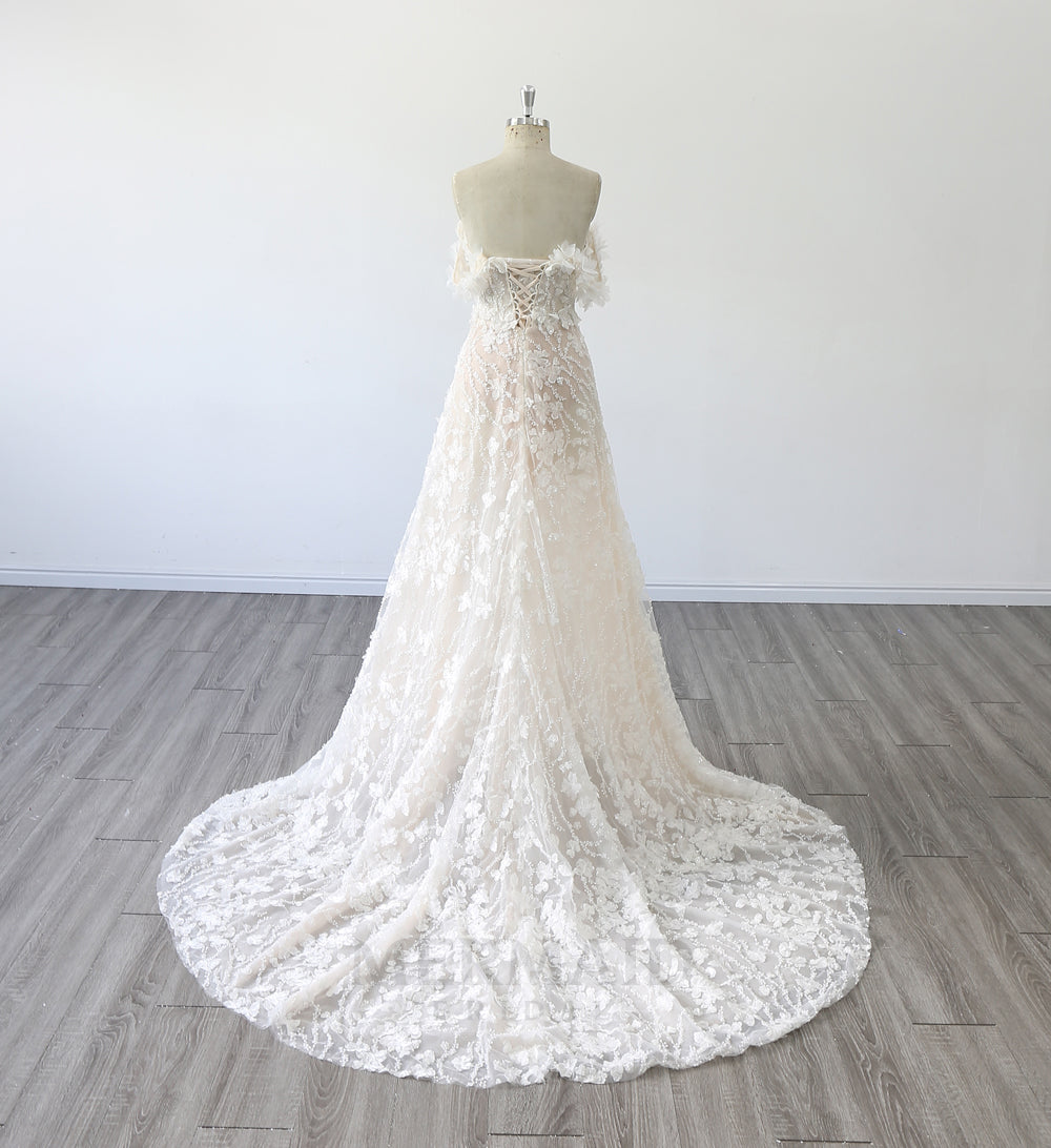New Off Shoulder V Neck Court Train A Line Heavy Beaded Lace Wedding Dress