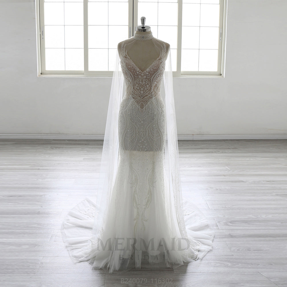 Detachable Sleeves V Neck Court Trian Heavy Beaded Mermaid Wedding Dress