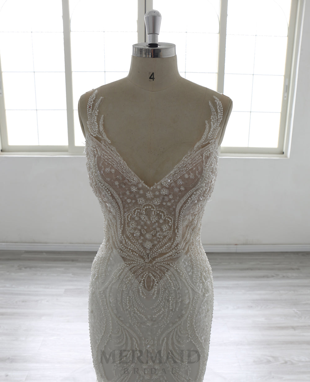 Detachable Sleeves V Neck Court Trian Heavy Beaded Mermaid Wedding Dress