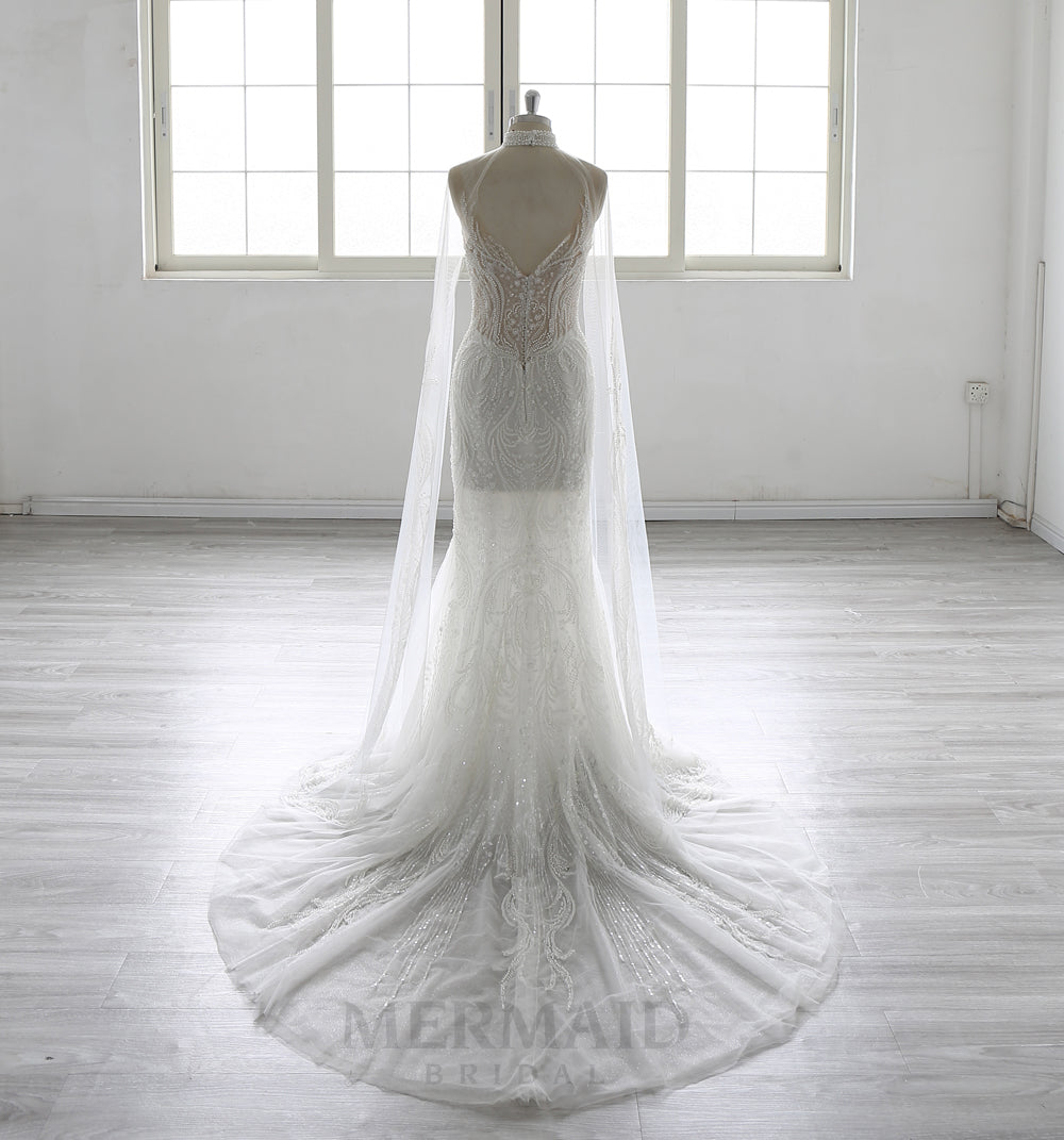 Detachable Sleeves V Neck Court Trian Heavy Beaded Mermaid Wedding Dress