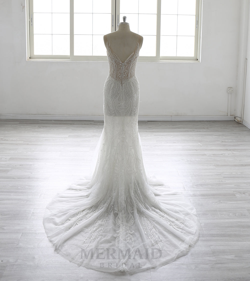 Detachable Sleeves V Neck Court Trian Heavy Beaded Mermaid Wedding Dress