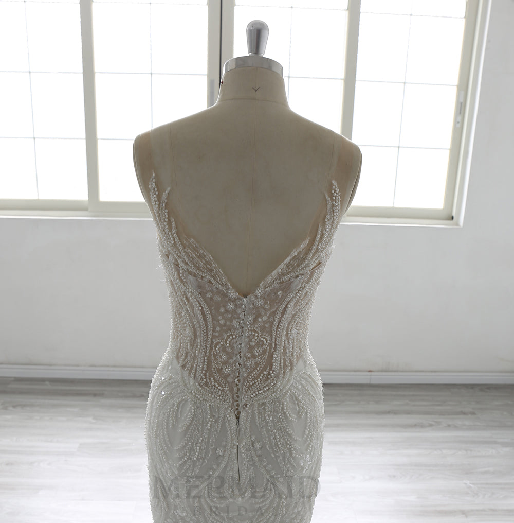 Detachable Sleeves V Neck Court Trian Heavy Beaded Mermaid Wedding Dress