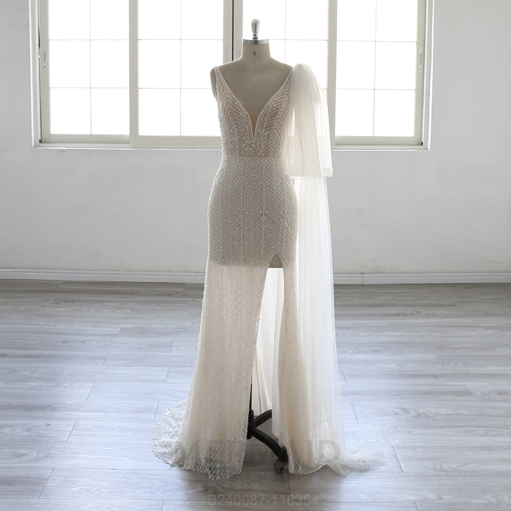 New V Neck Sweep train Heavy Beaded Slit Mermaid Wedding Dress 2025