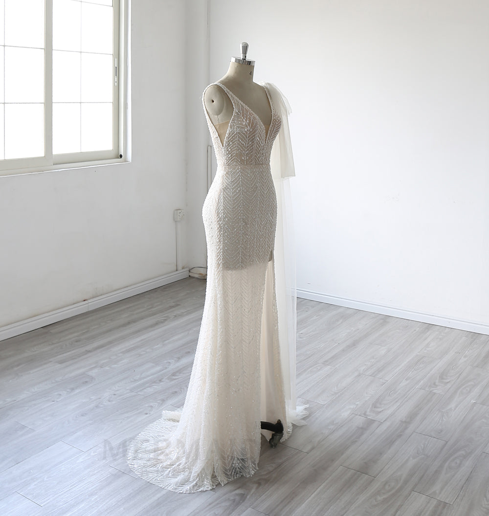 New V Neck Sweep train Heavy Beaded Slit Mermaid Wedding Dress 2025