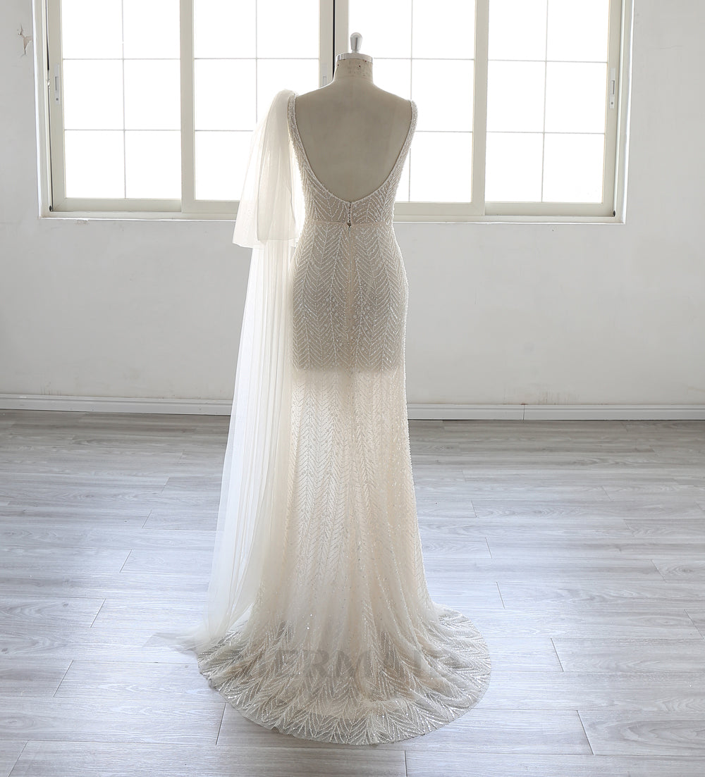 New V Neck Sweep train Heavy Beaded Slit Mermaid Wedding Dress 2025
