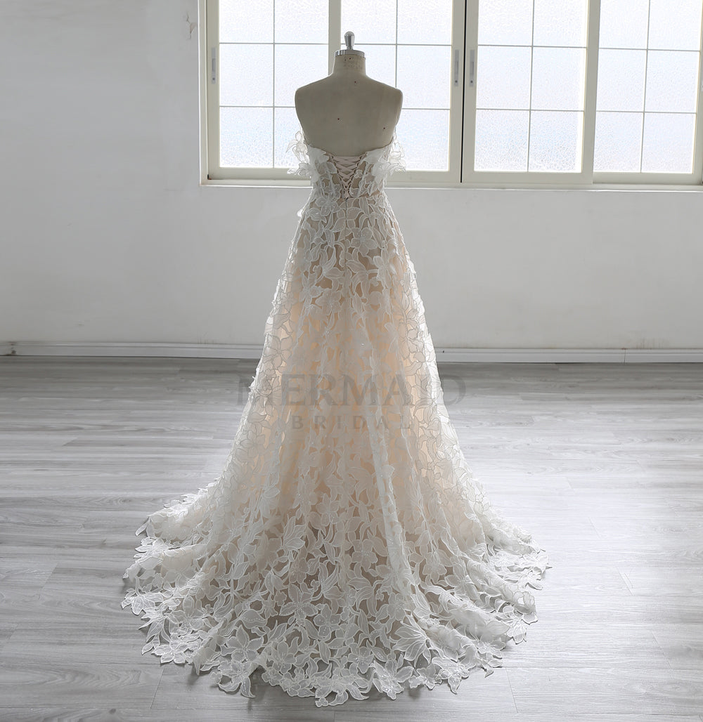 Off Shoulder Sweetheart Court Train Full Lace Wedding Dress 2025