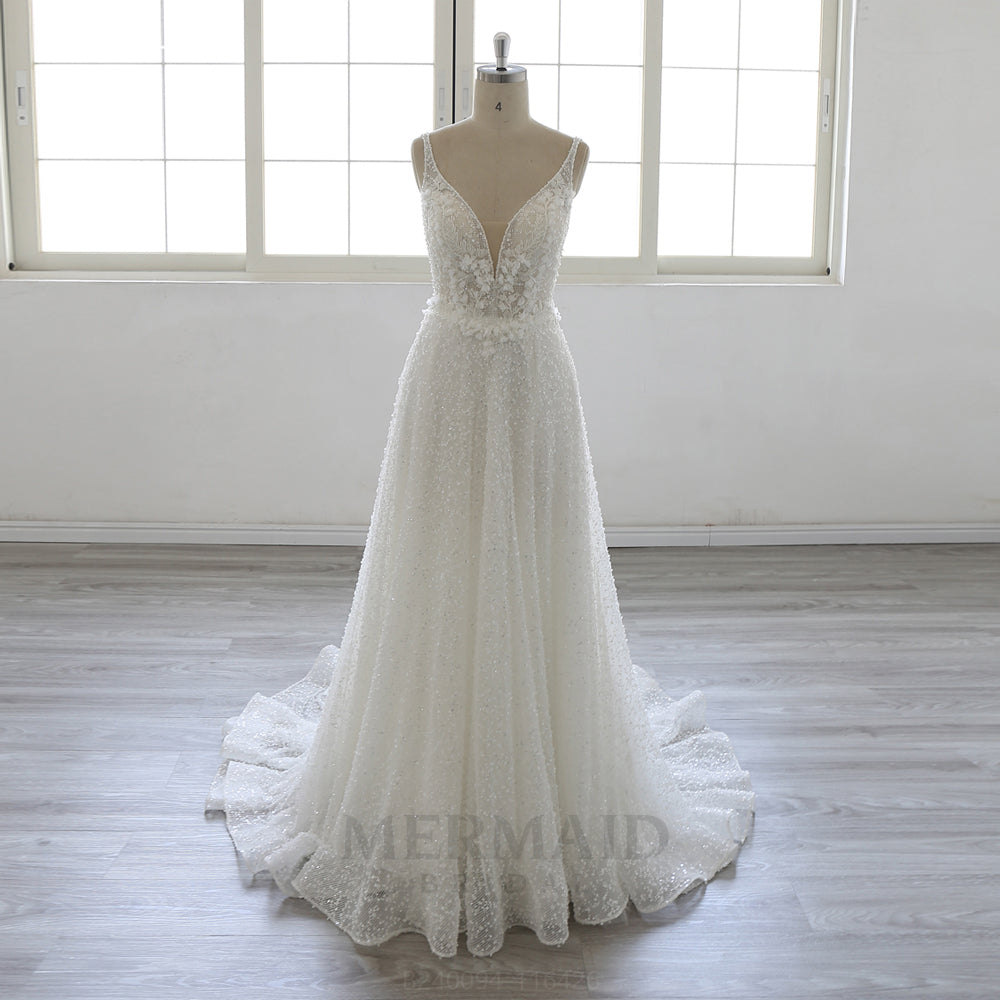 Spaghetti straps V Neck Court Trian A Line Heavy Beaded Wedding Dress With Slit