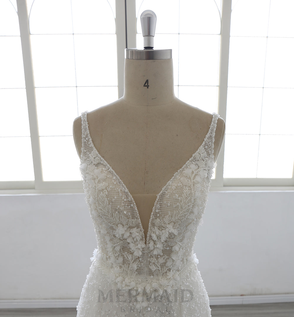 Spaghetti straps V Neck Court Trian A Line Heavy Beaded Wedding Dress With Slit