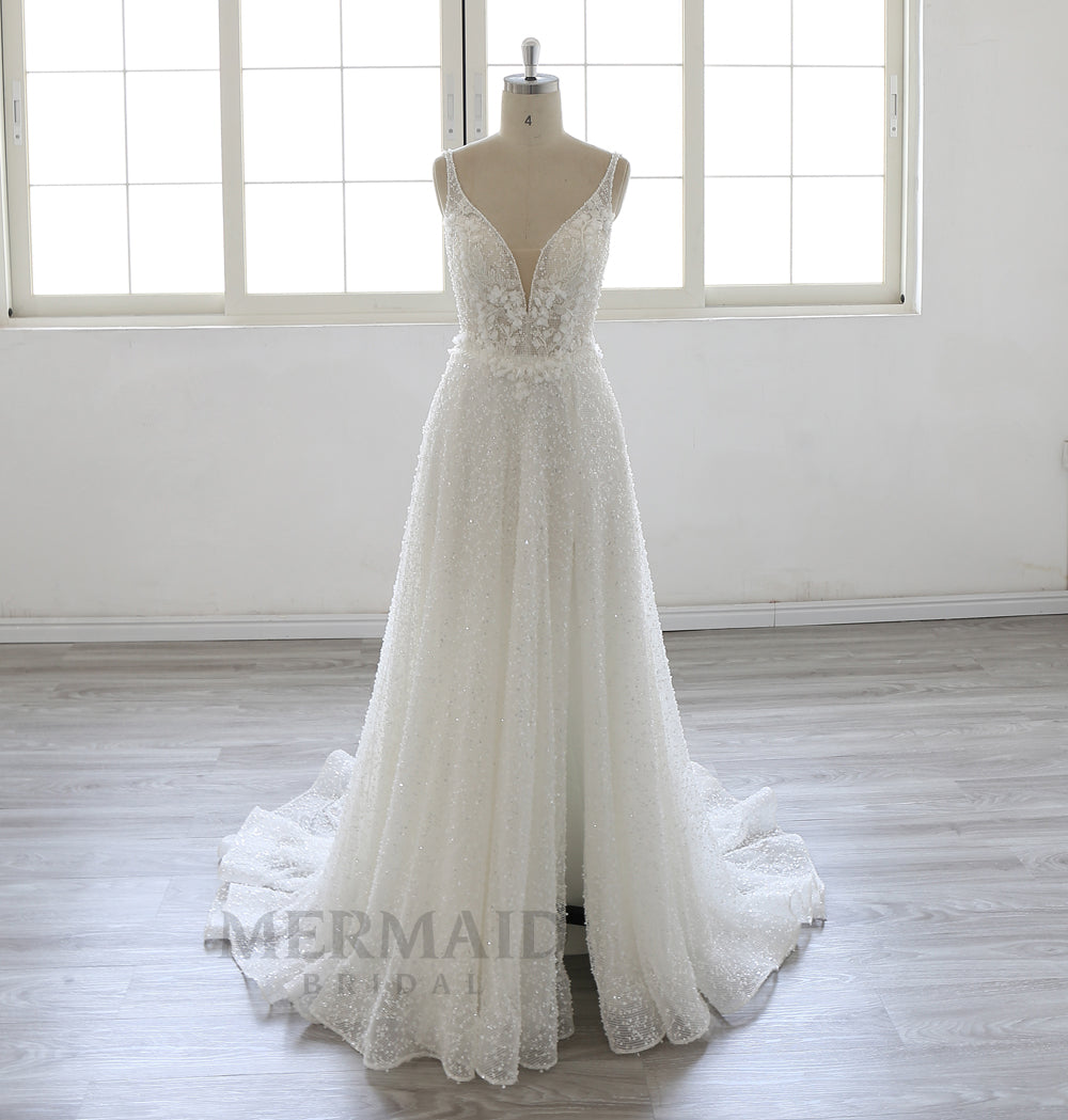 Spaghetti straps V Neck Court Trian A Line Heavy Beaded Wedding Dress With Slit