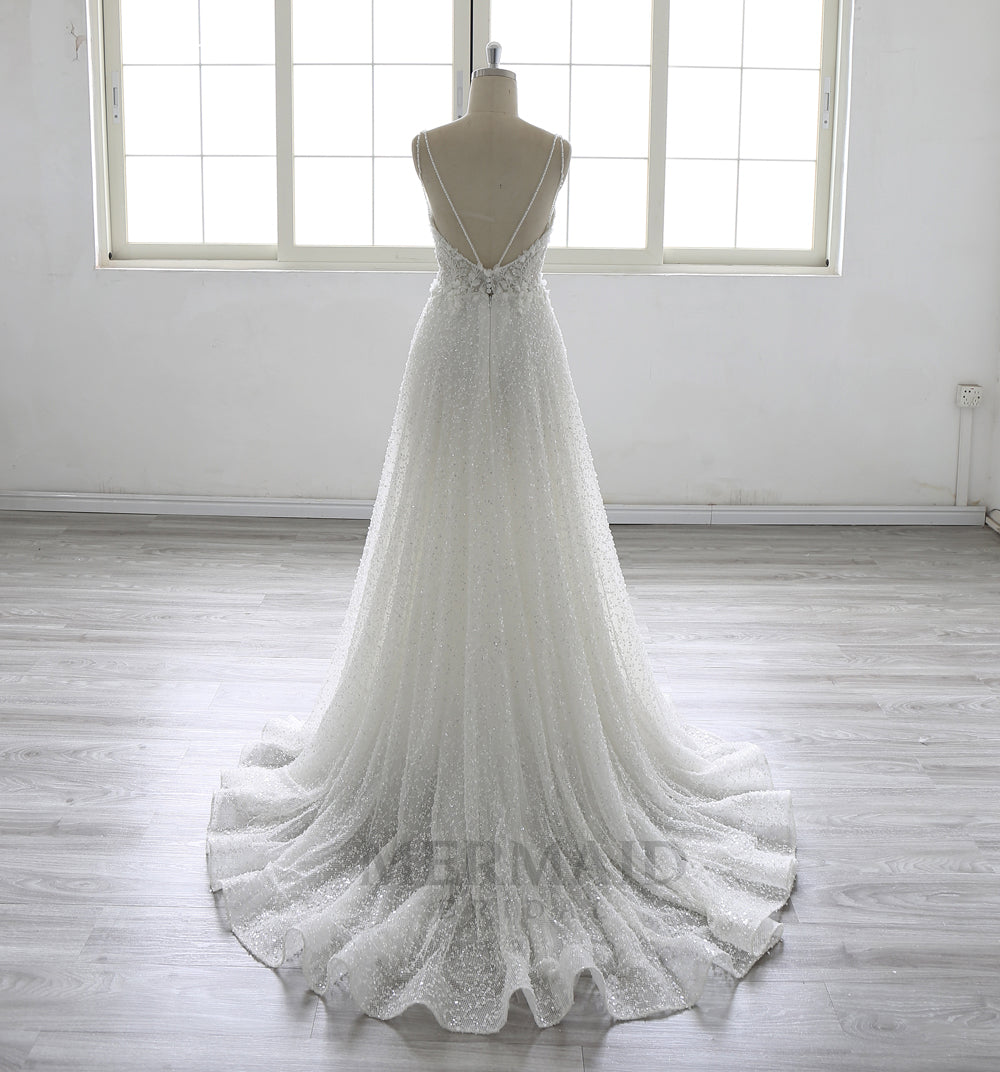 Spaghetti straps V Neck Court Trian A Line Heavy Beaded Wedding Dress With Slit