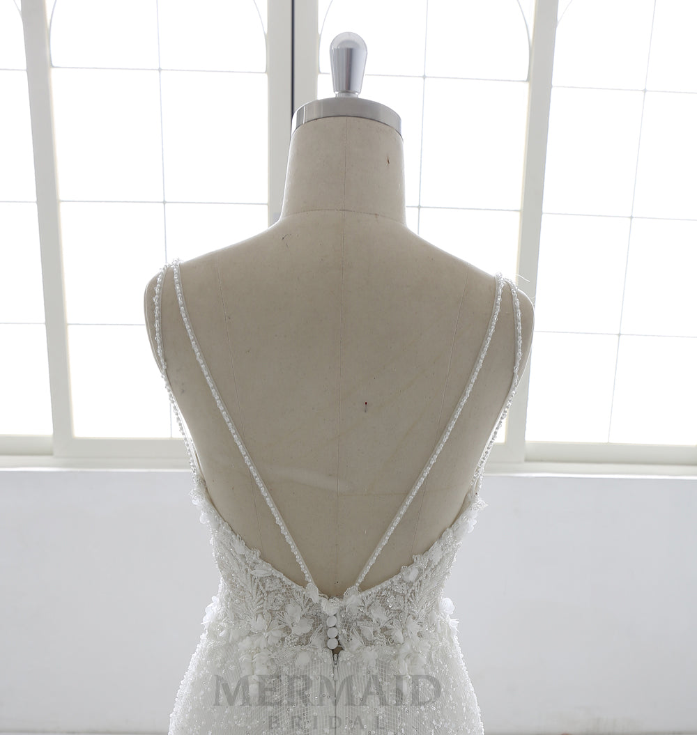 Spaghetti straps V Neck Court Trian A Line Heavy Beaded Wedding Dress With Slit