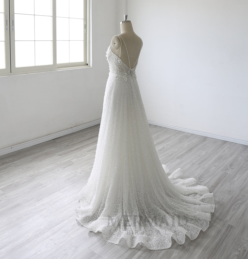 Spaghetti straps V Neck Court Trian A Line Heavy Beaded Wedding Dress With Slit