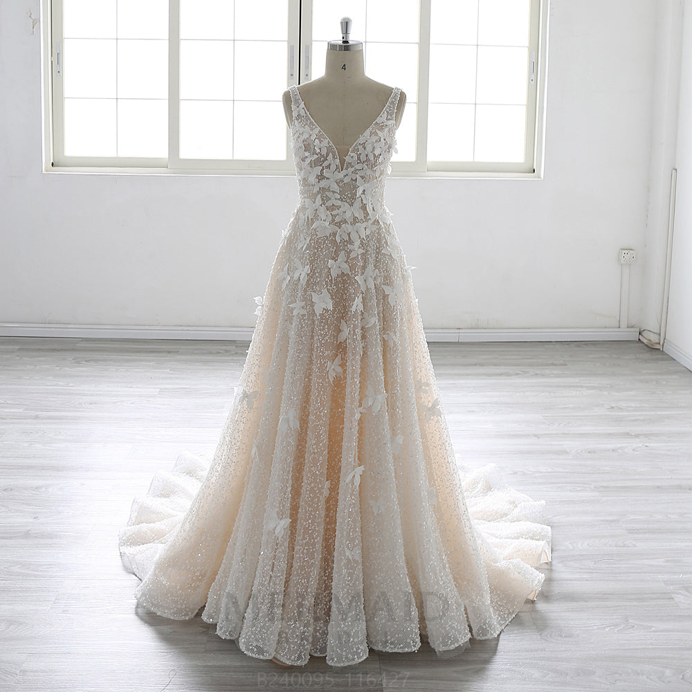 Luxury 3D Lace Flowers V Neck Court Train Heavy Beaded Wedding Dress 2025