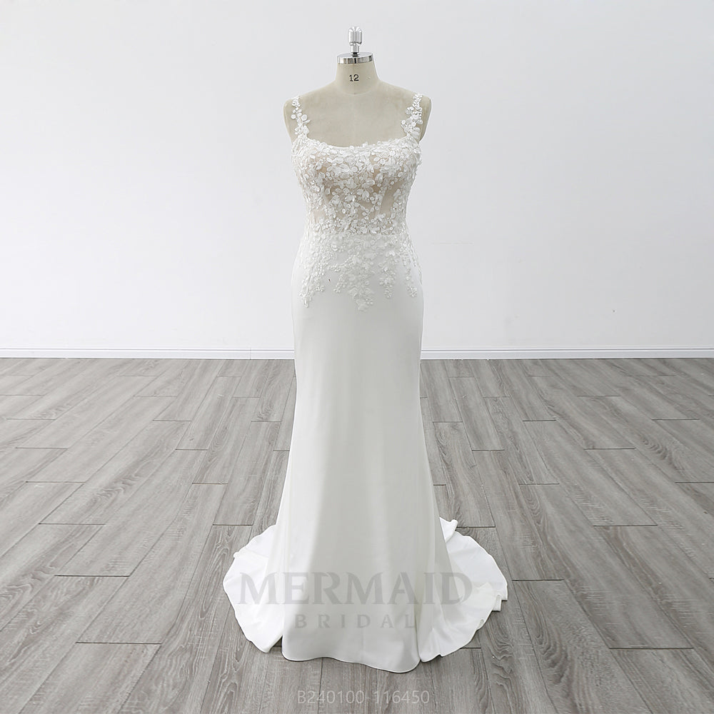 Scoop Neck Sweep Train Lace Wedding Gown Crepe Mermaid Wedding Dress