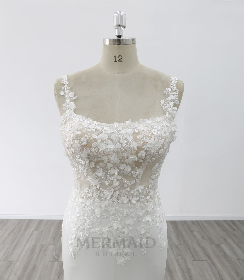 Scoop Neck Sweep Train Lace Wedding Gown Crepe Mermaid Wedding Dress