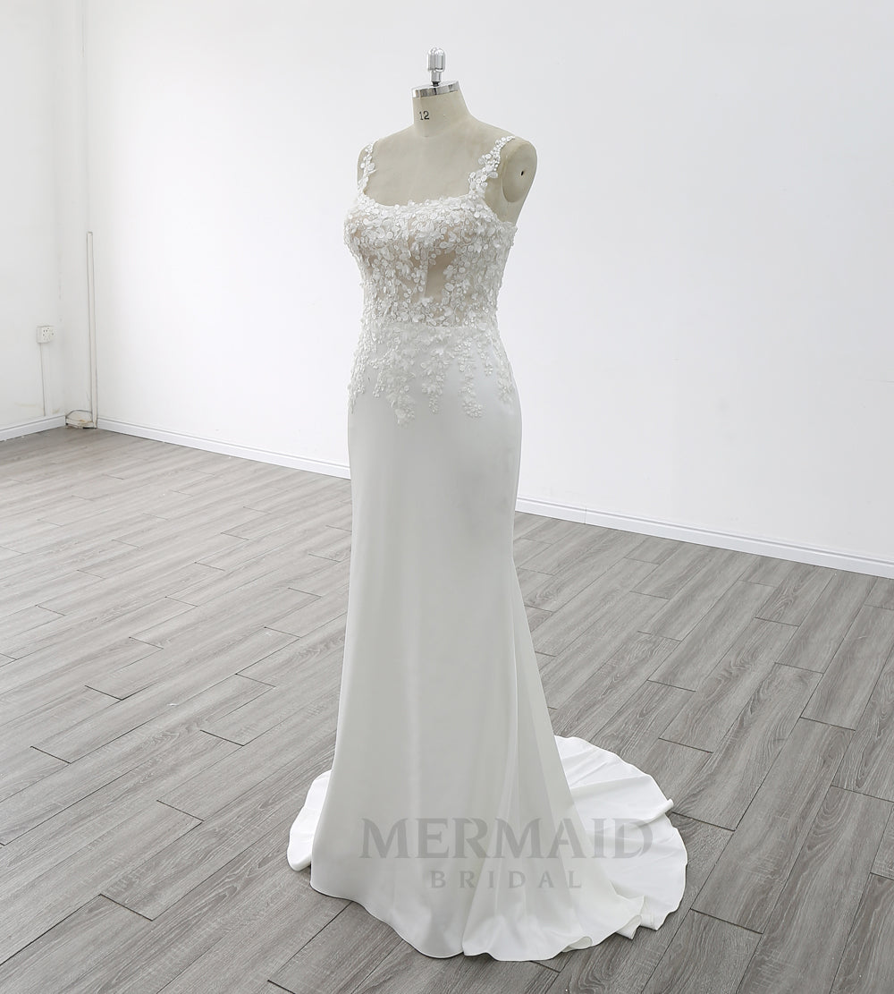 Scoop Neck Sweep Train Lace Wedding Gown Crepe Mermaid Wedding Dress