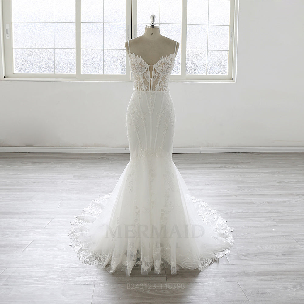 Spaghetti Straps V Neck Court Train Mermaid Wedding Dress 2025