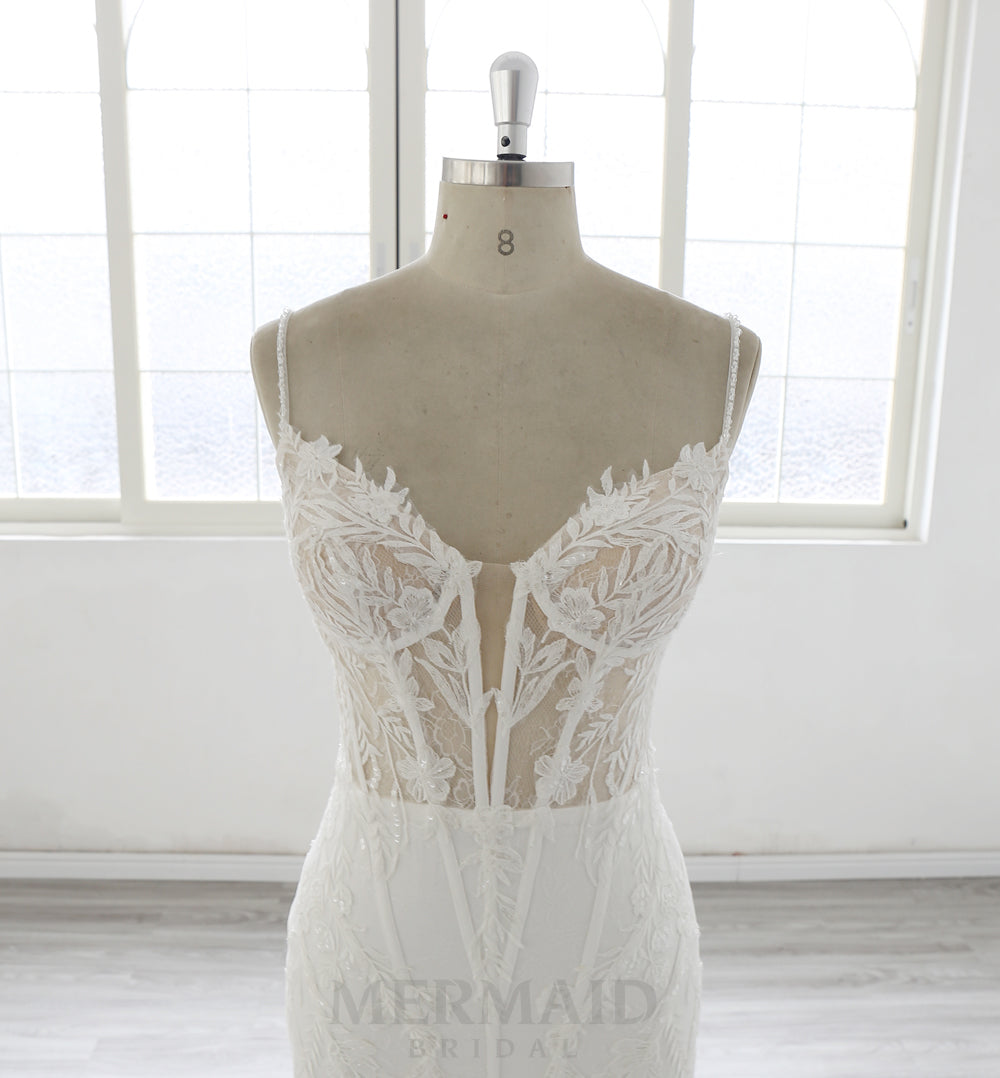 Spaghetti Straps V Neck Court Train Mermaid Wedding Dress 2025