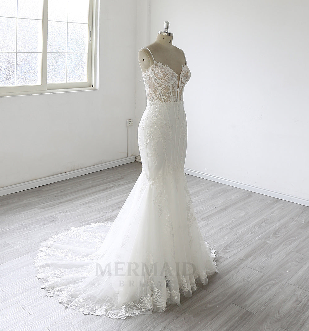 Spaghetti Straps V Neck Court Train Mermaid Wedding Dress 2025