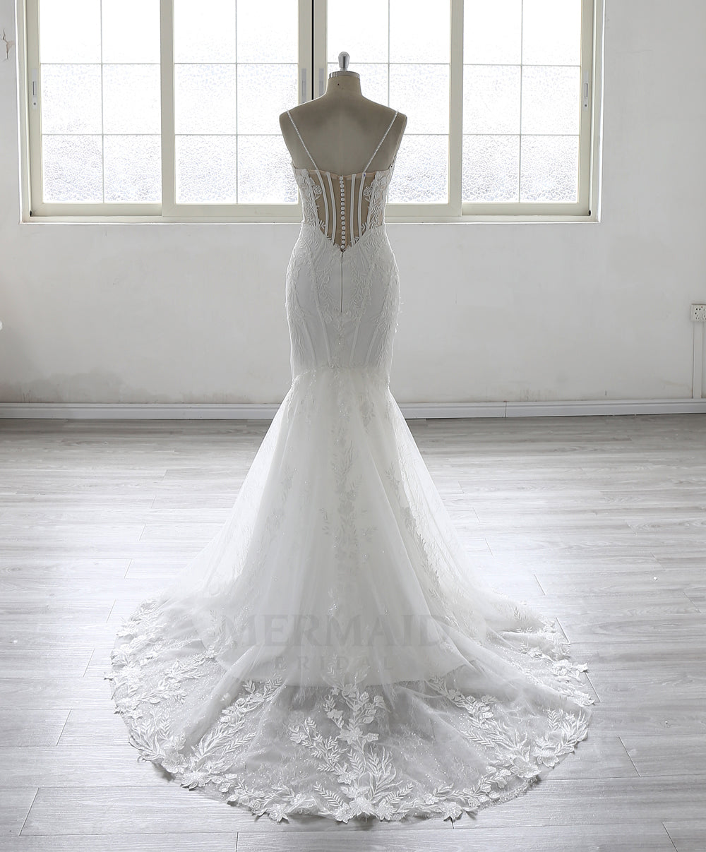 Spaghetti Straps V Neck Court Train Mermaid Wedding Dress 2025