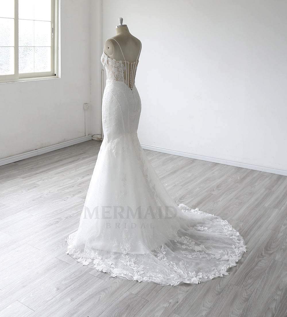 Spaghetti Straps V Neck Court Train Mermaid Wedding Dress 2025