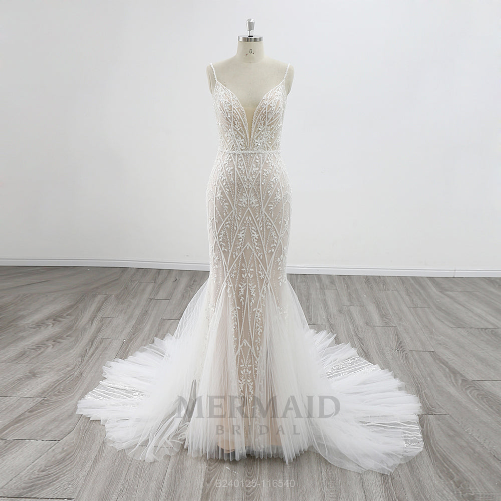 New Spaghetti Straps V Neck Court Train Beaded Lace Mermaid Wedding Dress