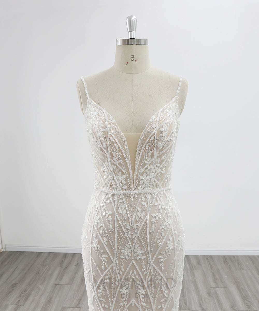 New Spaghetti Straps V Neck Court Train Beaded Lace Mermaid Wedding Dress