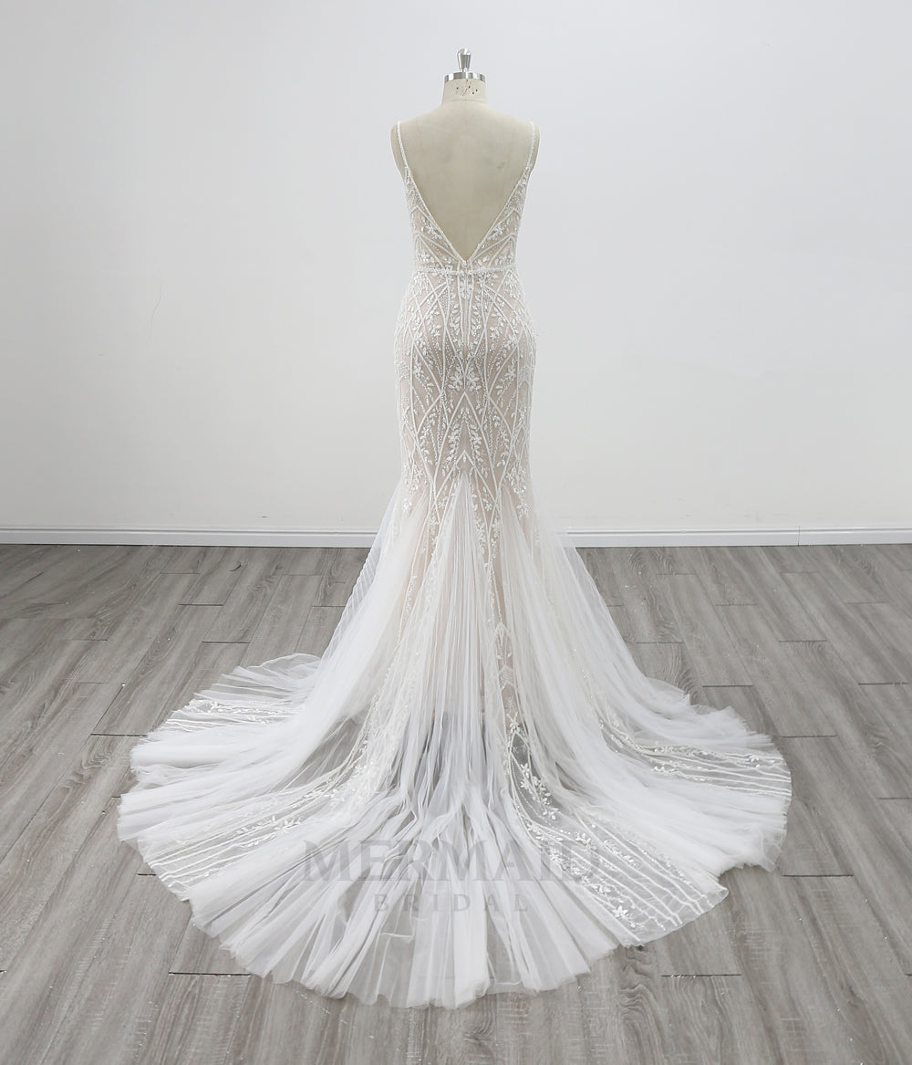 New Spaghetti Straps V Neck Court Train Beaded Lace Mermaid Wedding Dress