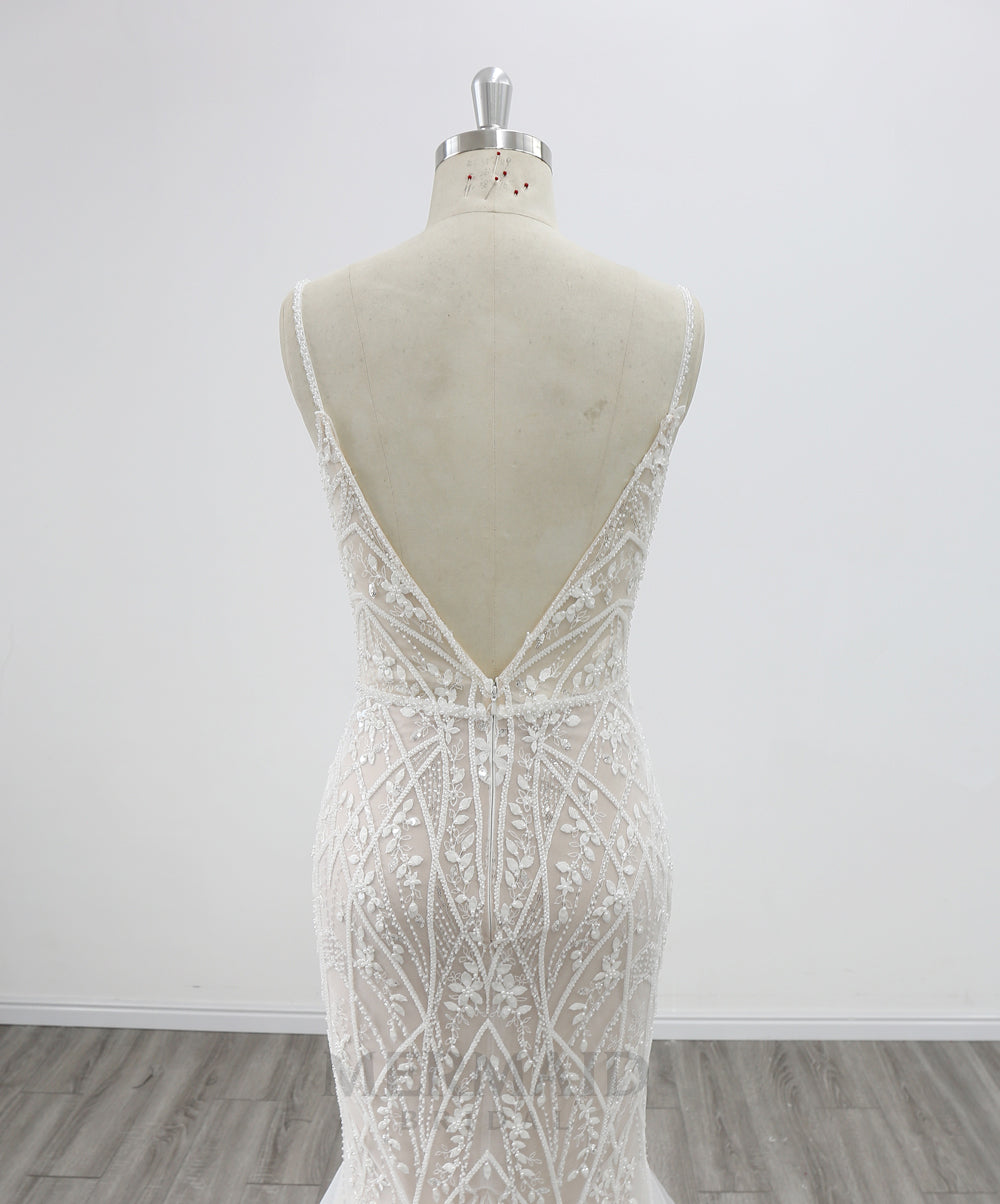 New Spaghetti Straps V Neck Court Train Beaded Lace Mermaid Wedding Dress