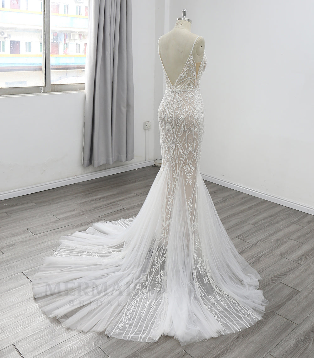 New Spaghetti Straps V Neck Court Train Beaded Lace Mermaid Wedding Dress