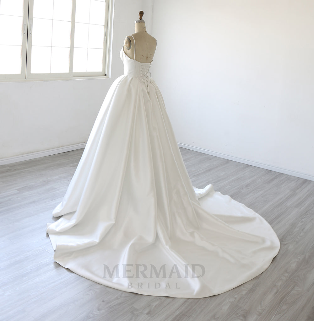 Spaghetti Straps V Neck Chapel Train Mikado Ball Gown Wedding Dress