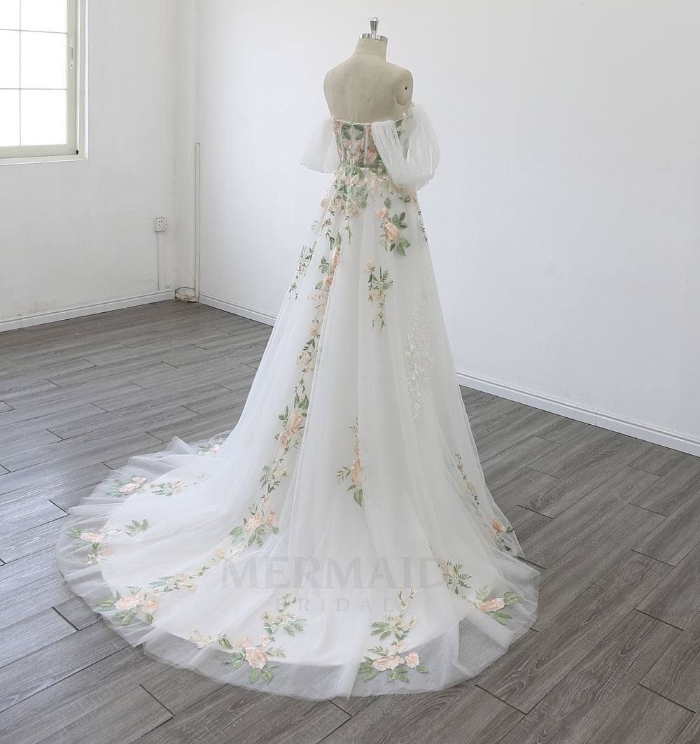 Off Shoulder Sweetheart Court Train Boho Colorful Wedding Dress