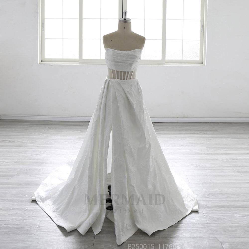 New Strapless Court Train Ball Gown Jacquard Satin Slit Wedding Dress 2025