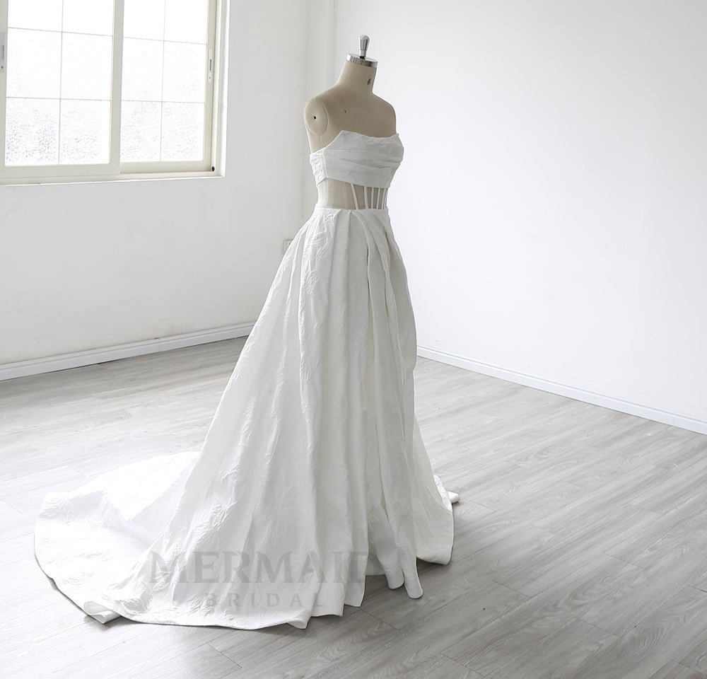 New Strapless Court Train Ball Gown Jacquard Satin Slit Wedding Dress 2025